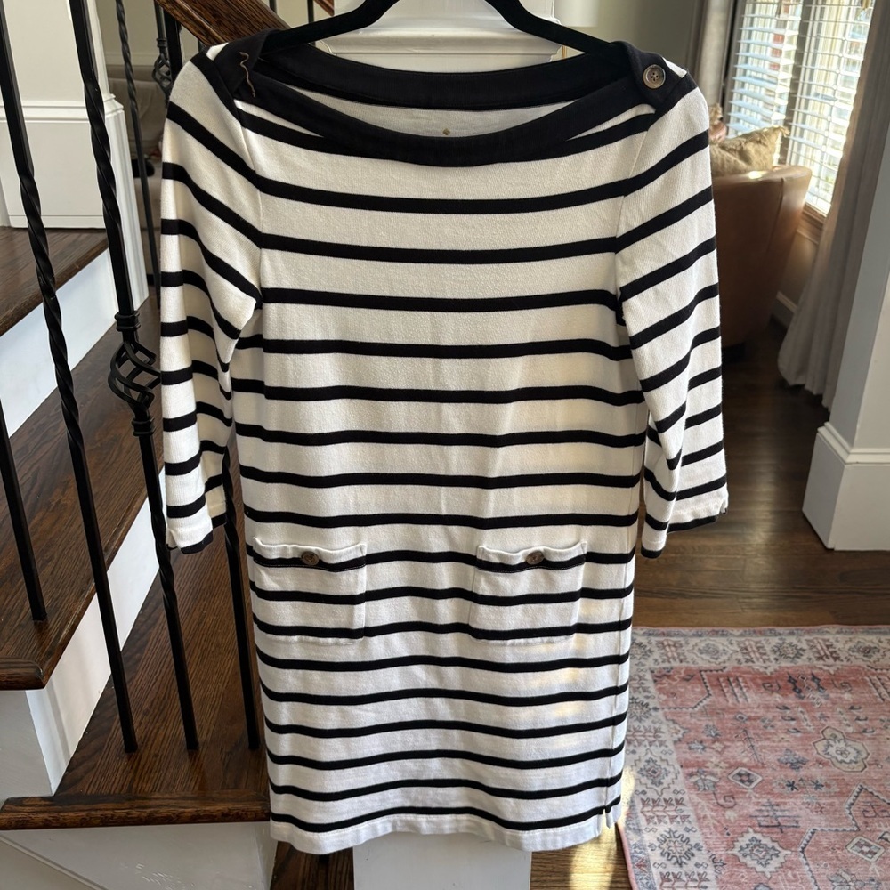 Kate Spade NY Havana White Black Striped 3/4 Sleeve Boat Neck Dress Size S